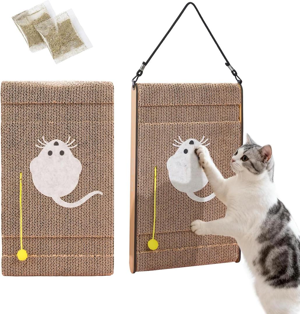 Cat Scratching Board. Cat Scratcher for Indoor Cats with Catnip. Cardboard Cat Scratcher with Mouse Logo and Hanging Ball Toy. Cat Scratch pad with Double-Sided Usability (Pack of 2)