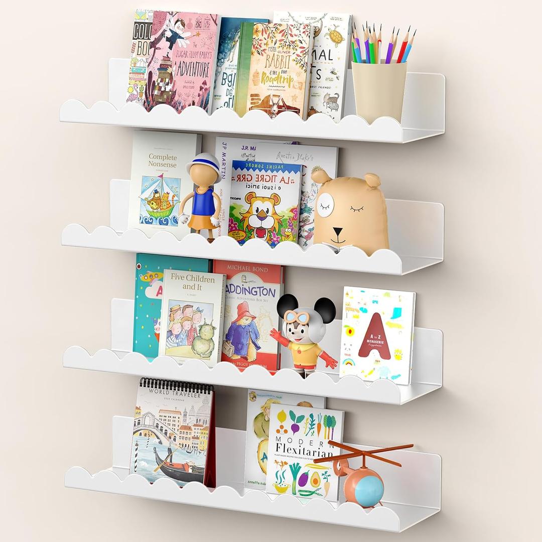 Nursery Book Shelves, 17 Inch Metal Floating Shelves for Wall 4 Pack, Scalloped Shelves, Wall Mounted Book Shelf for Kids Bedroom, Baby Room, Nursery Decor (White)