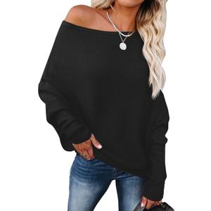 ANRABESS Womens Off Shoulder Sweaters 2025 Fall Long Batwing Sleeve Loose Fit Knit Tops Casual Pullovers Jumpers (Small, Black)