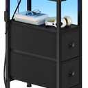 SONGMICS Side Table with LED Light, Narrow End Table with 2 Drawers, Nightstand with Charging Station, Bedside Tables for Small Space, Living Room, Bedroom, Ink Black, BELLAH Collection ULGS002B101, 1 Pack