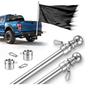 2 Packs 5 FT One-Piece Thickened Stainless Steel Flag Pole for Outside House, 80 MPH Heavy Duty Flagpole for Truck, Jeep, RV, Boat, Porch, Yard (Silver, Without Bracket and Flag)