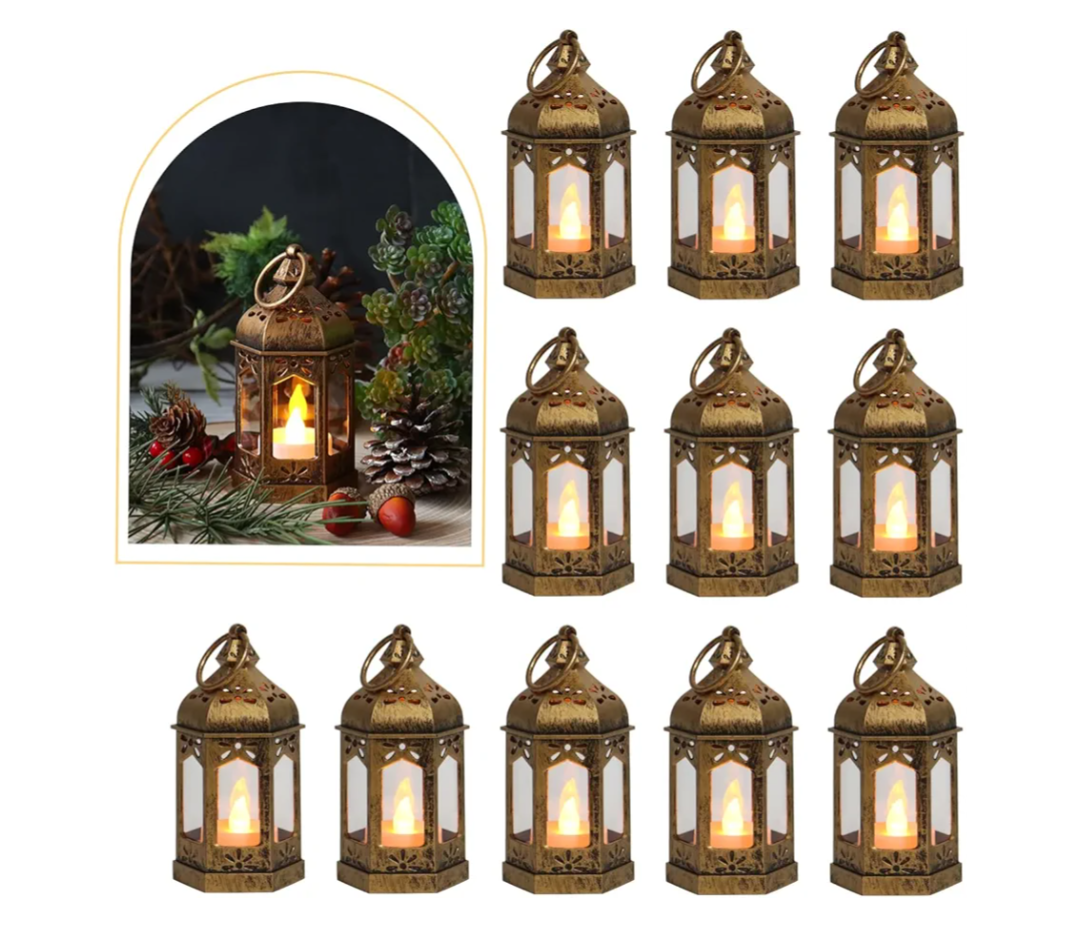 LLQ 8Pcs Mini Lantern with LED Tealight, Vintage Brown Lanterns Decorative, Hanging Candle Lanterns for Ramadan Christmas Wedding Table Centerpiece Indian Diwali Decor, Garden Fairy Party Decorations