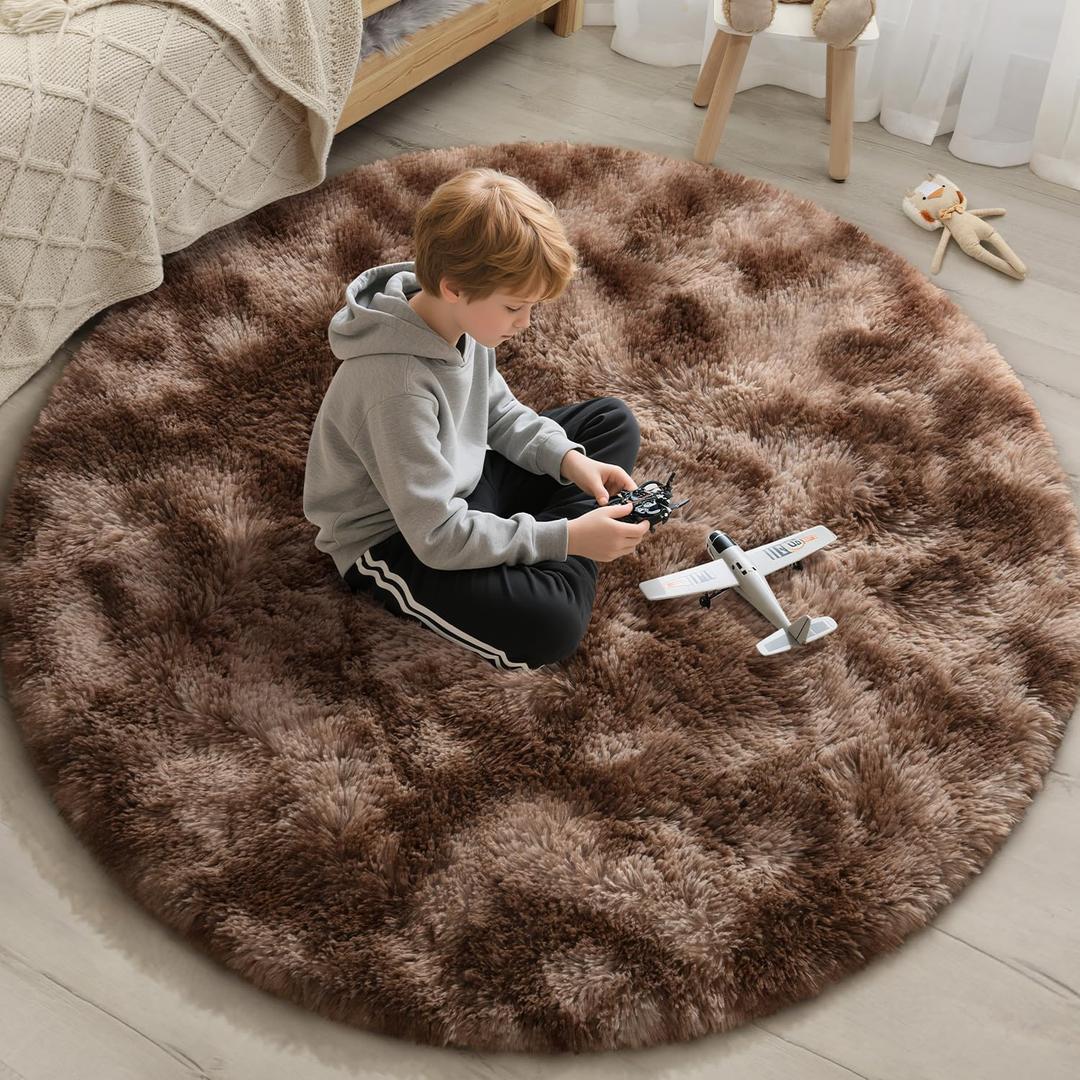 EVOIONOS Tie-Dye Coffee Round Rug for Bedroom, 4x4 Ft Fluffy Soft Circle Area Rugs for Living Room, Plush Shaggy Circular Carpet for Indoor Floor Bedside Kids Nursery, Home Decor Aesthetic