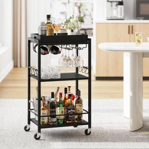 TUTOTAK Bar Cart with Removable Tray, Home Bar Serving Cart, Drink Cart, Mobile Kitchen Shelf with Wine Rack and Glass Holder, Rolling Beverage Cart for Living Room, Kitchen, Black BC01BK036 (13"D X 17"W X 34.4"H)