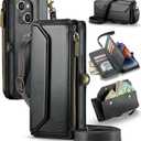 Wallet Case Compatible with iPhone 13 RFID Blocking 7-Card Holder Soft PU Leather Magnetic Snap Shoulder Strap Zipper Pocket Phone Case Fit for iPhone 13 for Women 6.1" - Black