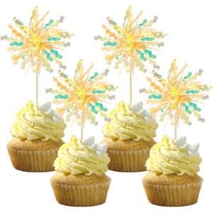 Gyufise 20Pcs Foil Firework Cupcake Toppers Happy Birthday Cake Toppers Tinsel Flower Drink Stirrers Cocktail Food Fruit Toothpicks for Valentine's Day Party Birthday Wedding Supplies Yellow
