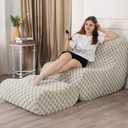 Accent Bean Bag Chair with Footstool, Modern Lazy Sofa Chair with Comfy Jacquard Shaggy Plush, Green (Standard)