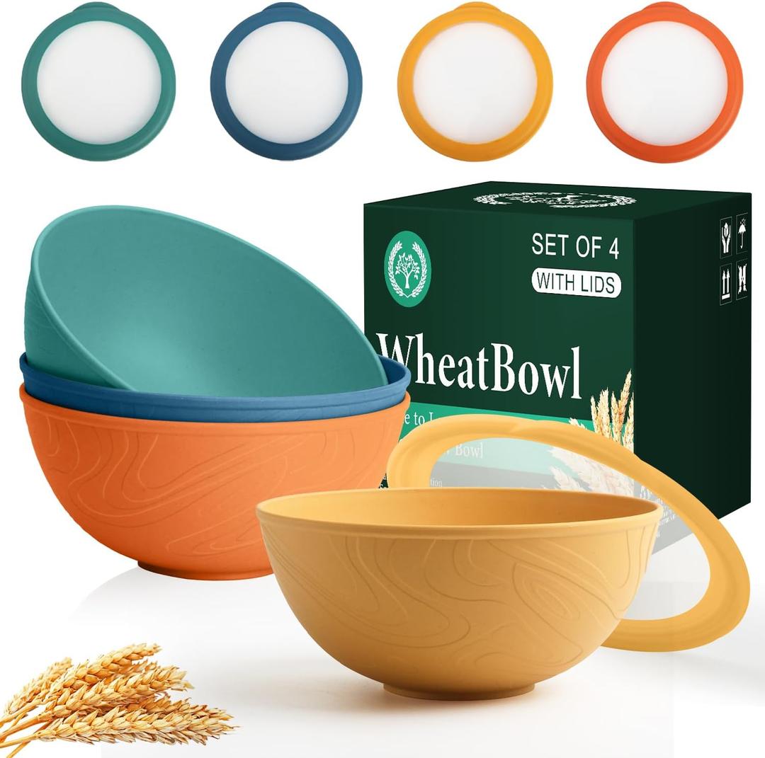 Homienly Wheat Straw Bowls with Lids Salad Bowl 40 OZ Unbreakable Cereal Bowls for Kitchen, RV, Lunch Microwave Safe Camping Bowls Dishwasher Safe Soup Bowls Reusable Food Storage Bowls Multi, 4 Sets