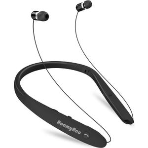 RoomyRoc Bluetooth Headphones, Wireless Neckband Headset Evoking Siri & Bixby with Retractable Earbuds, Sports Sweat-Proof Noise Cancelling Foldable Stereo Earphones with Mic (Black)