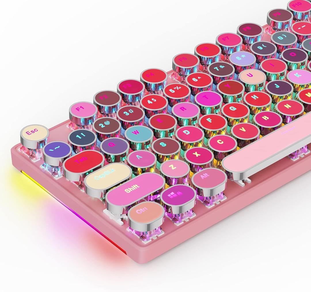 HUO JI Mechanical Gaming Keyboard Typewriter Style with RGB Side Lit and Rainbow Backlit, Retro Style, Blue Switches - Clicky, Metal Panel, Lipstick 104 Keys USB Wired for Mac, PC, Cute Pink