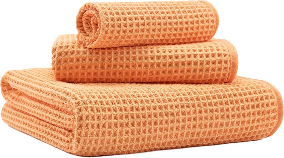 New Microfiber Waffle Bath Towels, 3 Pieces, Oversized, Soft, Absorbent, Fast Drying, Lint Free, Includes Bath, Face and Hand Towels (Orange)