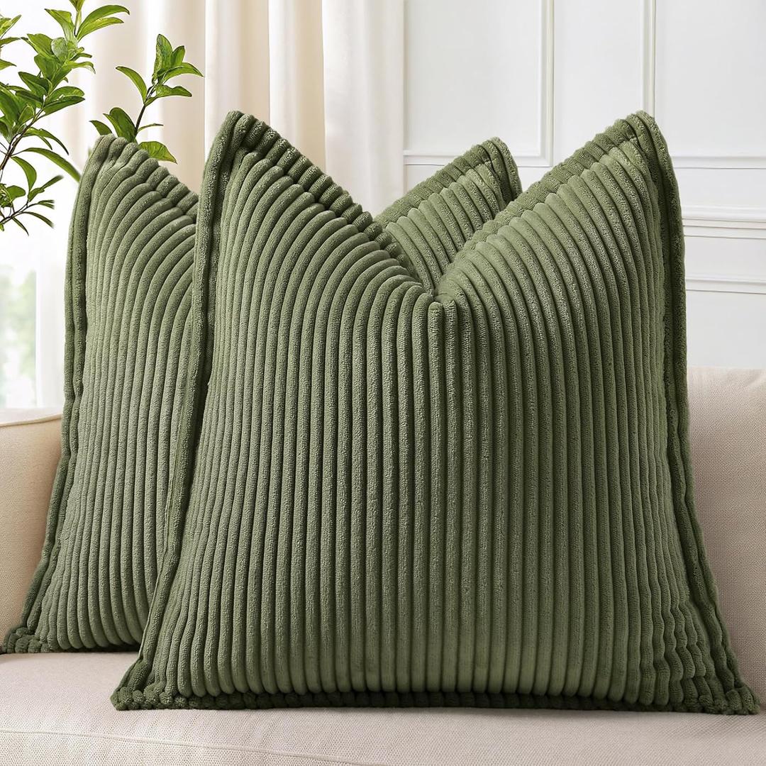 decorUhome Summer Corduroy Olive Green Throw Pillow Covers 18x18 Set of 2 Decorative Soft Boho Farmhouse Couch Pillow Covers for Living Room Bed Sofa Broadside Striped Pillow Cases