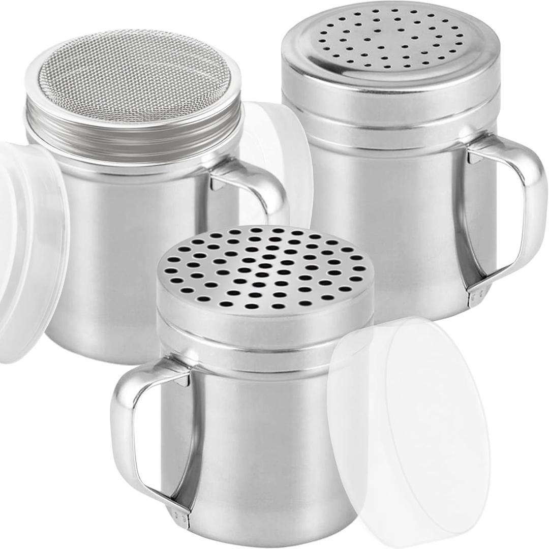 CUSINIUM [Set of 3] 10oz Stainless Steel Dredges With Handle - Fine Mesh + Medium Holes + Large Holes (For Coarse Seasonings)