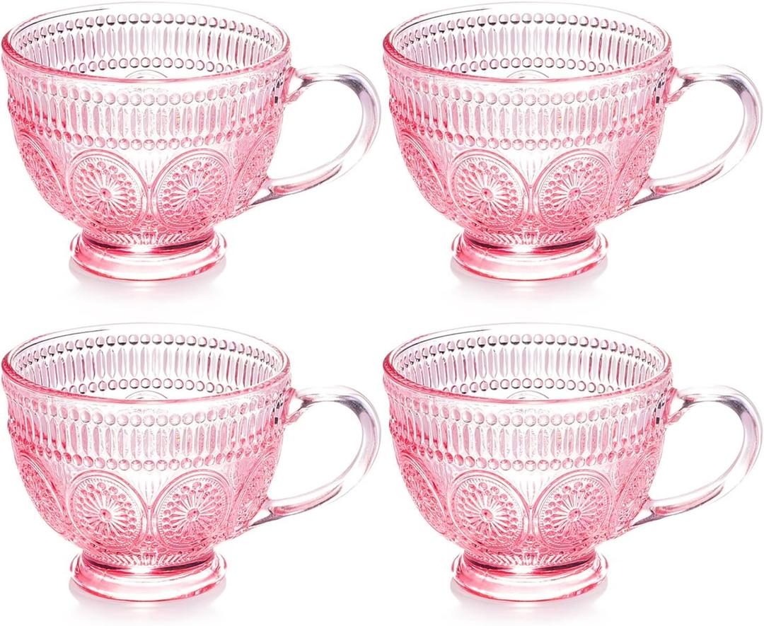 Vintage Glass Coffee Mugs with Handle-14 oz Pink Embossed Glass Cups for Cappccino, Latte, Cereal, Yogurt, Tea, Milk (4)