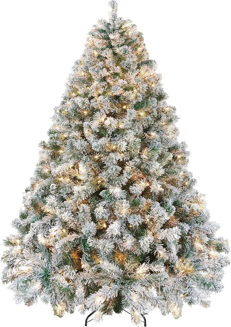 Yaheetech 7.5ft Snow Flocked Pre-lit Christmas Tree with 550 Warm White Lights, 1284 Lush Branch Tips & Quick-Assembly Hinged Design, Full Artificial Xmas Tree for Winter Holiday Dcor, Green & White