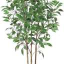 Ficus Artificial Tree 5ft Tall Fake Ficus Tree for Home Decor Indoor Faux Silk Ficus Plant Fake Floor Plant in White Imitation Ceramic Planter with Green Fake Moss, Set of 1