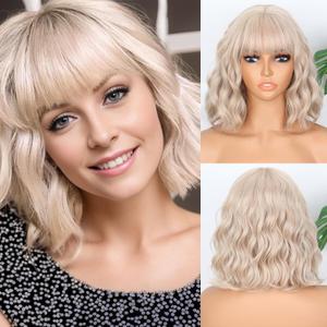 MISSQUEEN Blonde Wig Wavy Short Bob Blond Wigs With Air Bangs Shoulder Length Drity Blonde Wigs for Women Wavy Synthetic Cosplay Wig for Girl Costume Wigs