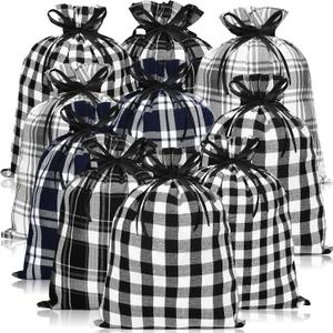 Shappy 10 Pcs Christmas Buffalo Plaid Drawstring Bags Snowfake Red Green Black Wrapping Gift Bags 11.8 x 15.7 Inch Large Winter Cotton Wrapping for Party Favors(11.8 x 15.7 Inch,Black and White Plaid)