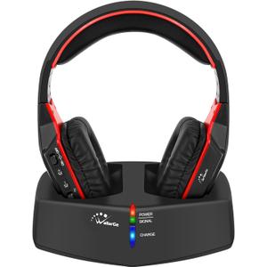 WallarGe Wireless Headphones for TV Watching with RF Transmitter Charging Dock, Plug and Play, 100 Ft Wireless Range, Rechargeable 20 Hour Battery (Black with Red)