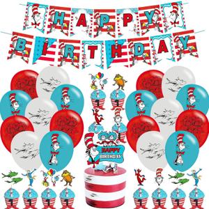 Seuss Cat in the Hat Themed Party Decorations - Happy Birthday Banner, Cupcake Cake Toppers, Balloons for Fans Adults Party Supplies