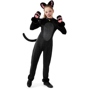 Spooktacular Creations Girls Cat Costume, Black Cat Plush Costume, Child Outfit Set for Kids Halloween Role Play Themed Party (X-Large(12-14 yrs))