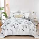 Dinjoy King Size Quilt Set Floral,3 Pieces Grey & White Quilts Coverlet Set Flower Bedspreads Bed Cover Lightweight Fall Quilt Gray Boho Farmhouse Bedding Sets for Bed (110"x90")