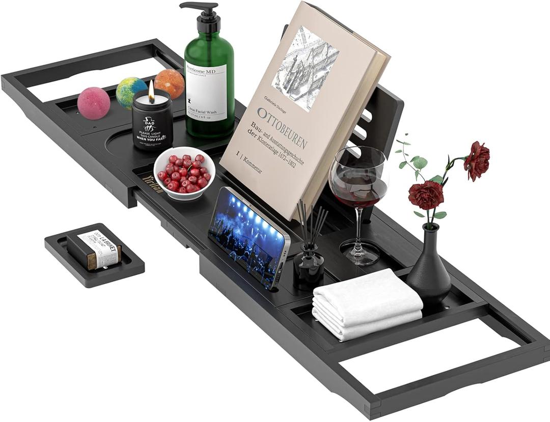 Yirilan Bathtub Tray, Expandable Bath Tray for Tub for Books, Tablets & Wine Glasses for Home Spa, Bathroom Accessories & Gifts (Black)
