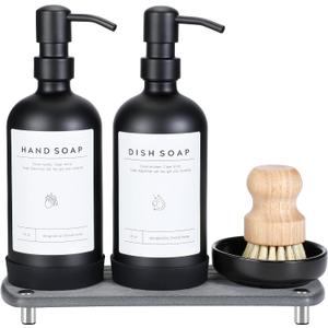 [Luxury] Kitchen Soap Dispenser Set - 16OZ Black Glass Bottle, Stainless Steel Pump, Instant Dry Tray, Waterproof Labels, Non-Slip Silicone Pad, and Dish Brush | Upgrade for Your Kitchen and Bathroom