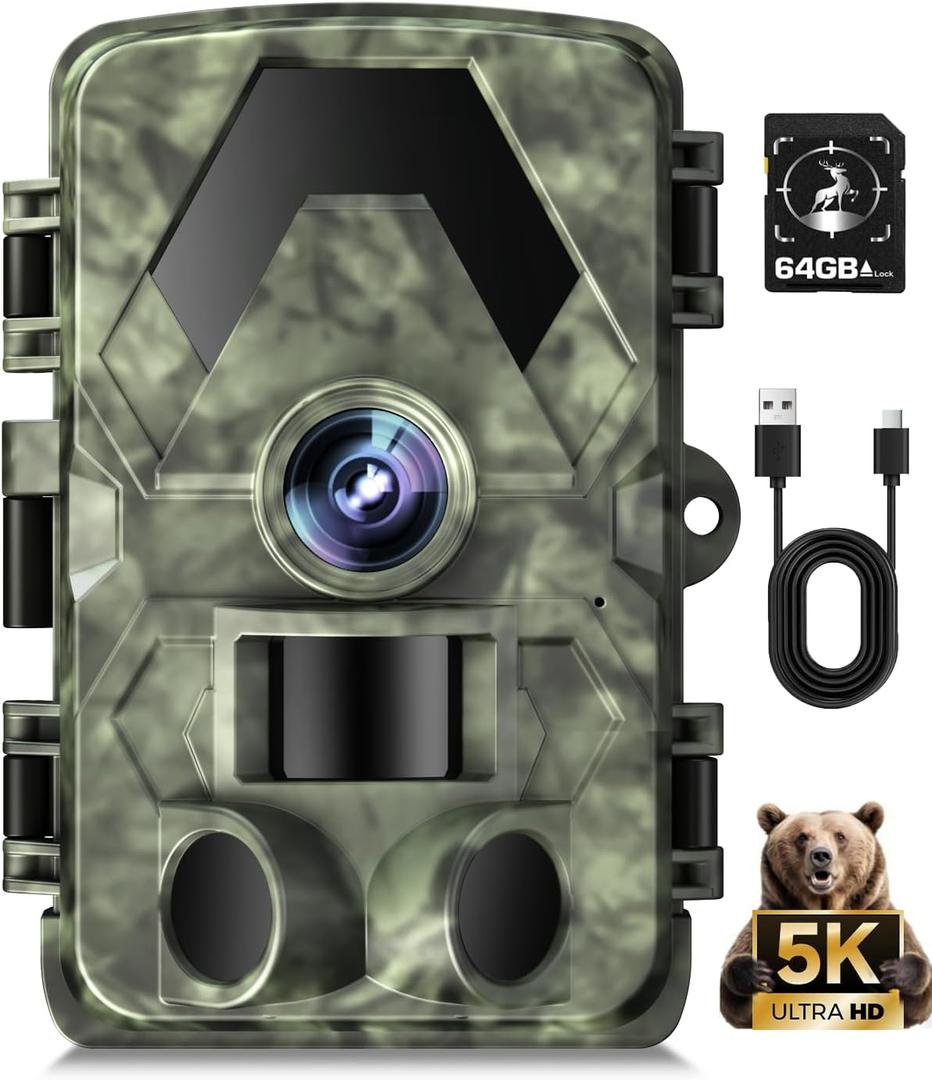 Trail Camera, 5K 60MP Game Camera with No Glow Night Vision, 150Wide-Angle, 0.05s Trigger Speed Motion Activated IP66 Waterproof for Wildlife Scouting, Home Security, Green