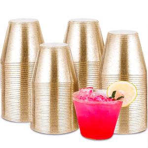Tobvory 100 Pack Gold Plastic Cups - 9 oz Hard Gold Cups, Premium Disposable Cups For Cocktail And Drinking - Food Grade Party Cups Set - Sturdy Plastic Tumbler Cups For Parties - Gold Glitter