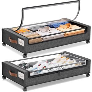 Yecaye Under Bed Storage with Wheels, 2Pack Under Bed Storage Containers, Underbed Shoe Storage Organizer, Rolling Under Bed Metal Drawers for Clothes, Blankets(30.71 x 16.93 x 6.69 in) (Grey)