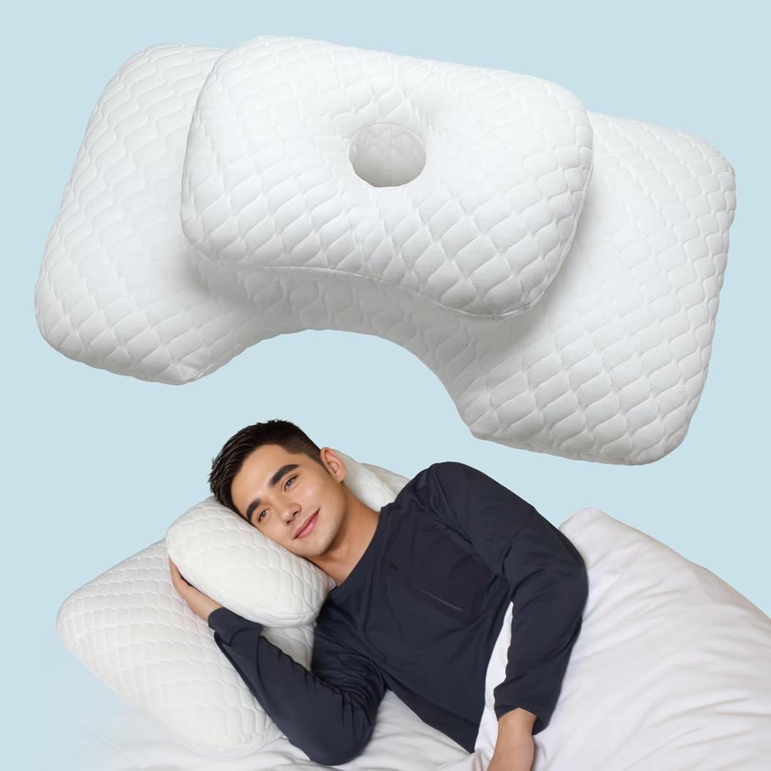 Effective Pain Relief Cervical Pillow for Neck and Shoulder, Neck and Ear Piercing Contour Pillow with an Ear Hole for CNH, Ergonomic Neck Support Pillow for Side Back Stomach Sleepers (Men)