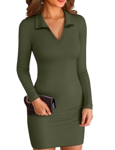 VICHYIE Women Fall Dress Lapel Collared V Neck Bodycon Ribbed Long Sleeve Tight Mid Thigh Pencil Above Knee Mini Polo Dresses Green XL