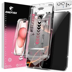 OneFish Women Fashion Privacy Screen Protector for iPhone 15 Plus [6.7 inch]+ Camera Lens Protector, Sparkling Diamond Bling Edge 9H Tempered High-Definition Glass