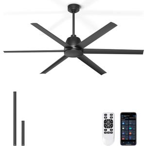 65 Inch Ceiling Fan No Light - Black Ceiling Fan with Remote & APP Control, Quiet Reversible DC Motor, 6 Blades, Indoor Outdoor Ceiling Fans without Light for Patio Living Room Garage Shop