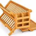 3-Tier Bamboo Dish Drying Rack with Utensil Holder & Absorbent Dish Drying Mat | Collapsible Wooden Dish Rack for Kitchen Counter | Folding Drying Rack with Utensil Caddy & Cutlery Holder, large