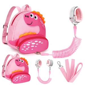 Accmor Toddler Harness Backpack with Leash, Cute Dinosaur Kid Backpacks with Anti Lost Wrist Link, Mini Child Harness Leash Walking Wristband Baby Protection Belt for Girls Aged 1-3 Years (Light Pink/Rose Pink Dinosaur)