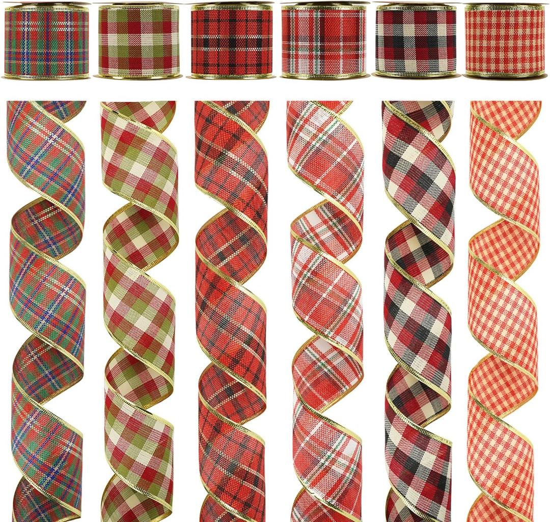 MEEDEE Buffalo Plaid Ribbon - 2.5 Inch, 6 Rolls, 36 Yards Wired Christmas Tree Ribbon for Wreath & Tree Decorations
