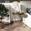 HLR Modern Round Side Table Set of 2, End Table with Marble Effect Top and Gold Metal Frame, Small Side Table for Living Room, Bedroom, Sofa and Couch, Gold Legs, Black Glass top, 2-pack