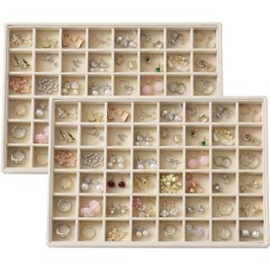 Large Velvet Jewelry Tray 2 Pack Stackable Jewelry Display Drawer Inserts Trays Organizer for Earring Bracelet Necklace Ring (Beige, 48 Grids)