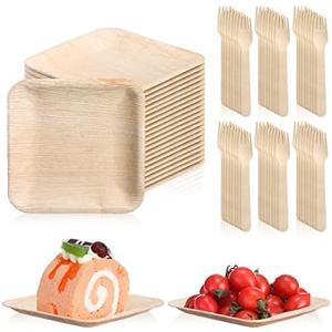 Irenare 200 Pcs Palm Leaf Plates and Wooden Forks Set, 6 Inch Bamboo Square Disposable Party Plates Compostable Tableware for Appetizers Wedding Picnic Dessert BBQ Camping Events