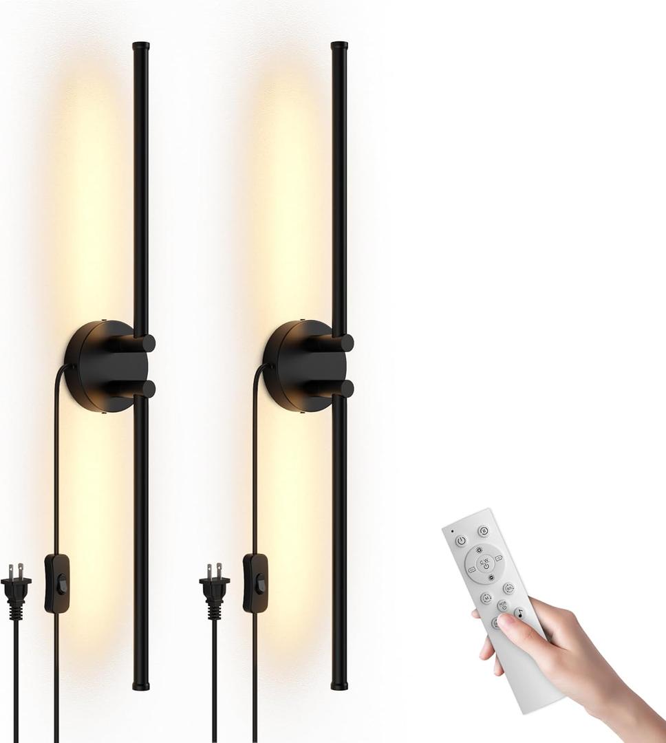 Wall Sconces Set of Two, Wall Sconce Light Plug in with Remote/APP Controll, Dimmable 300 Rotate LED Wall Sconce for Living Room, Bedroom, Hallway, Black (24" - Black)