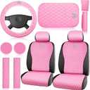 Tallew 14 Pcs Pink Car Accessories Set Leather Diamond Seat Cover Steering Wheel Cover with Center Console Pad Cup Holders Gear Protection for Women Car Interior Decor(Front Set)