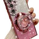 Changjia for Samsung Galaxy S24 Plus Glitter Kickstand Case,Luxury Bling Sparkly Diamond Rhinestone with Camera Protector Liquid Ring Stand Clear Phone Case for Women Girl for Galaxy S24 Plus (Pink)