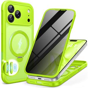 BERFY for iPhone 17 Pro Case, Compatible with MagSafe, Built in Privacy Screen Protector, Shockproof Full Body Phone Case for 17 Pro with Magnetic Stand, Translucent Bright Green