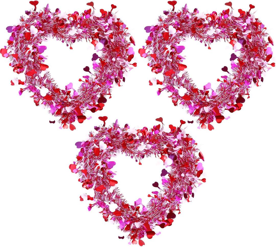 Chuangdi 3 Pcs Valentine Heart Wreaths for Front Door, 14 Inch Valentines Day Decorations with Heart Tinsel Foil Love Hanging Gift for Anniversary Wedding Party Wall Window Mantel Decor (Pink)