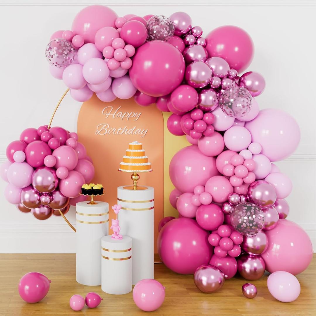 153pcs Pink Balloon Arch Garland Kit, Hot Pink Latex Balloons Metallic Confetti Ballon Different Size 18 12 10 5 inch for Girls Birthday Wedding Princess Baby Shower Party Decorations.