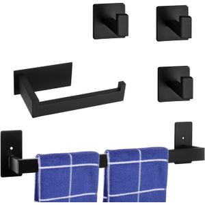 5 Pieces Self Adhesive Bathroom Hardware Set-SUS304 Stainless Steel-Towel Rack Set Include 24Towel Bar+Toilet Paper Holder+3 Towel/Robe Hooks Bathroom Accessory Towel Bar Set (Black, 24 in)