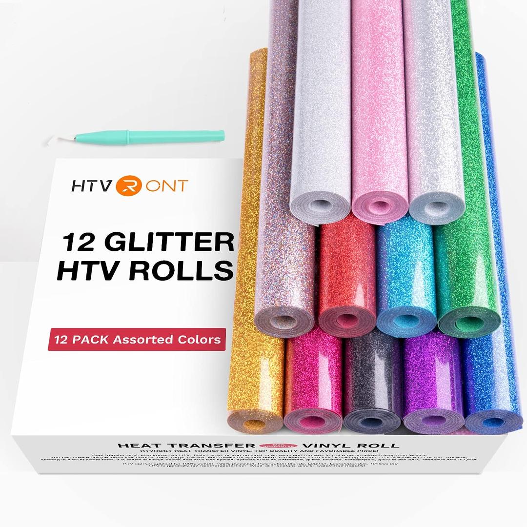 HTVRONT Glitter HTV Heat Transfer Vinyl Bundle 12 Rolls - 10" x 5FT Glitter Iron on Vinyl, Easy to Cut Iron on Vinyl for Cricut & Cameo, Easy to Weed Heat Transfer Vinyl