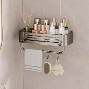 Shower Caddy Suction Cup, No Drilling Rustproof Bathroom Shower Shelf,Hanging Corner Shower Shelves with 6 Portable Hooks, Removable Bath Organizer with Towel Bar for Bathroom Storage(Gray) (Square storage rack with pole)